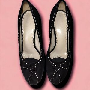 Franco Sarto Womens Black Suede Heel Size 8.5 Open Toe White‎ Stitching 3" Heel